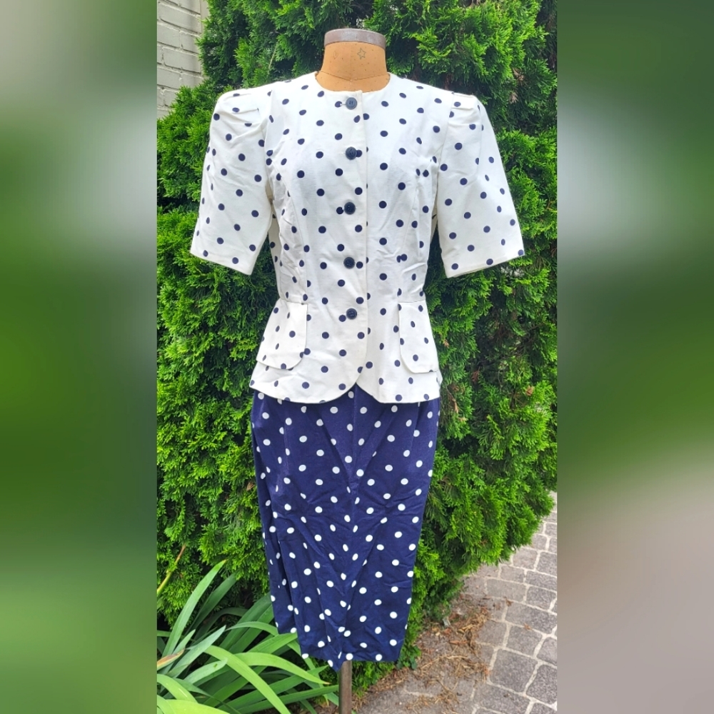 Vintage Razooks 80s Blue and White Polka Dot Skirt and Blouse Size 12